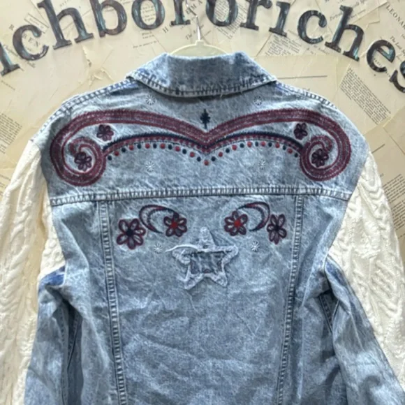 Free People Embroidered Denim Jacket Cable Knit Sleeves Slouchy Applique